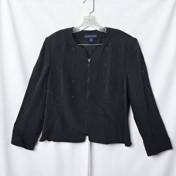 Preston & York Silk Blazer Jacket Embroidered‎ Floral Zip Front Black, Woman 18 - Picture 1 of 13
